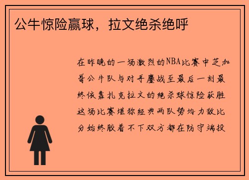 公牛惊险赢球，拉文绝杀绝呼